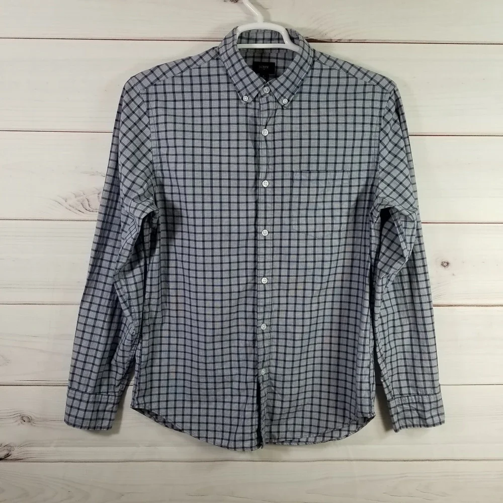 J. Crew Factory Button Front Shirt Mens Size M Blue Gray Checked Casual.